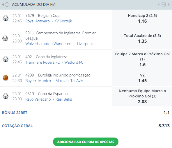 Aposta acumulada na 22bet com bonus