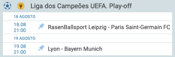 1xBet Champions League semifinal 18/08 e 19/08