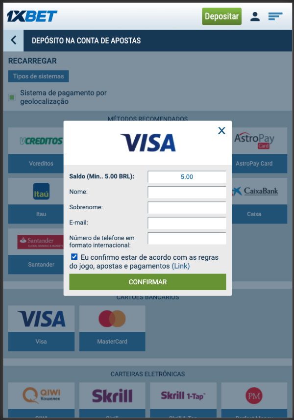 1xBet Metodos de Pagamento Deposito com Cartão de Credito Visa e Mastercard Confirmação de Dados